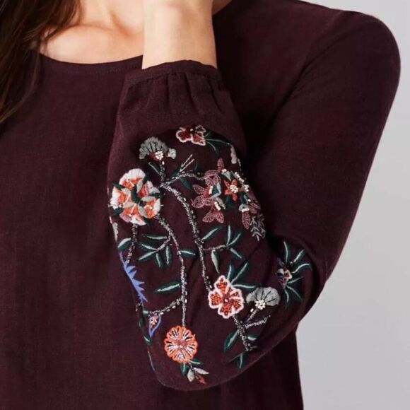 J. Jill Embroidered Beaded Burgundy Long Sleeve Top Size XL - Picture 3 of 11
